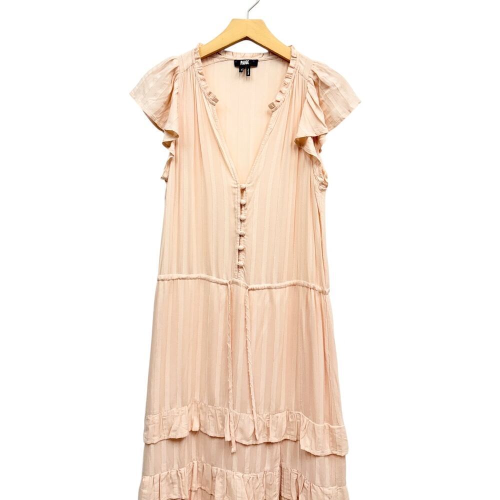 PAIGE Split Neck Illyria Ruffled Tiered Midi Dress in Cream Tan size XS - Picture 3 of 8